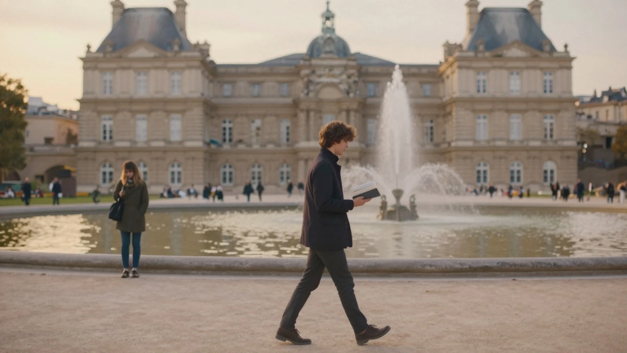 A lone walker in Luxembourg Gardens at golden hour, subtle presence of another in the distance.