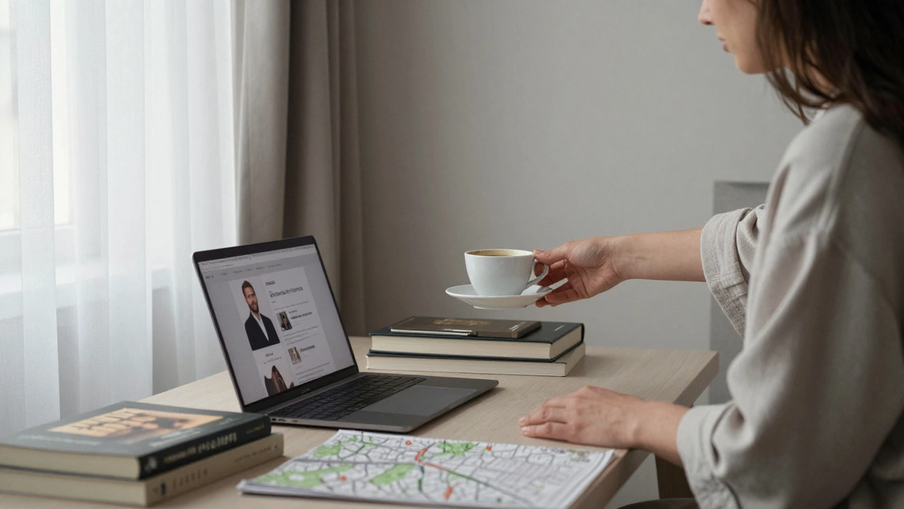 A professional meeting in a Le Marais apartment, morning light, coffee and laptop on table.