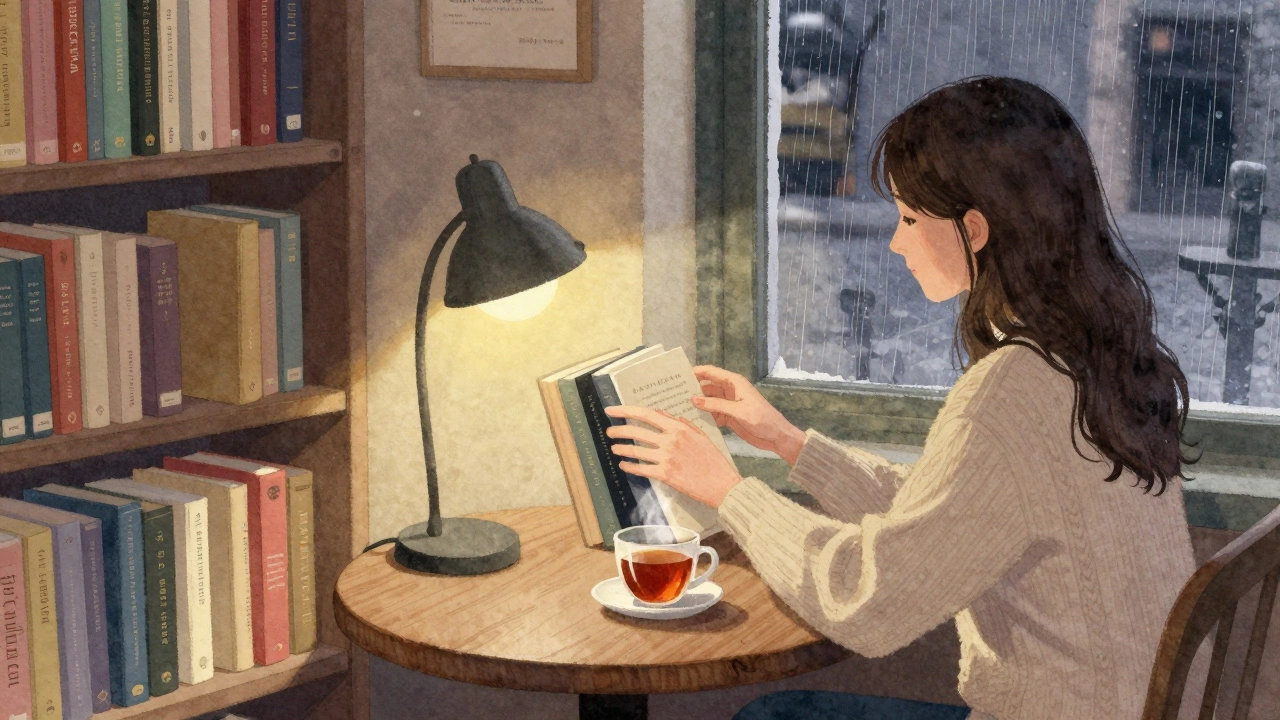 A woman browsing books in a quiet bookstore, a reading lamp illuminating her hand and a cup of tea on the table.
