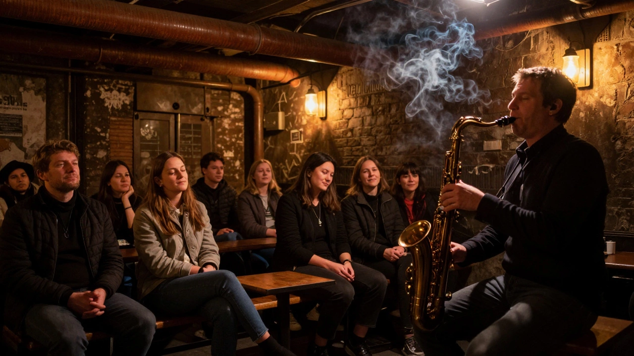 An intimate jazz performance in a dimly lit industrial venue, locals lost in the music under warm amber lights.